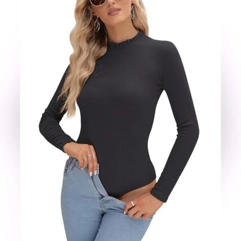 PINKMSTYLE Ribbed Bodysuit Size XL Ruffle Neck Long Sleeve Solid Black Stretch